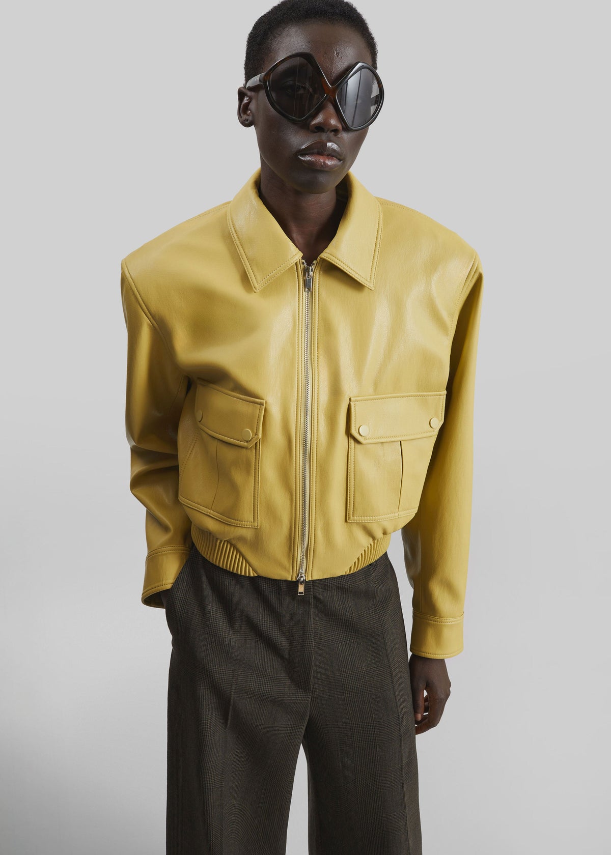 Denain Faux Leather Cropped Bomber Jacket - Yellow – view 3 of 7