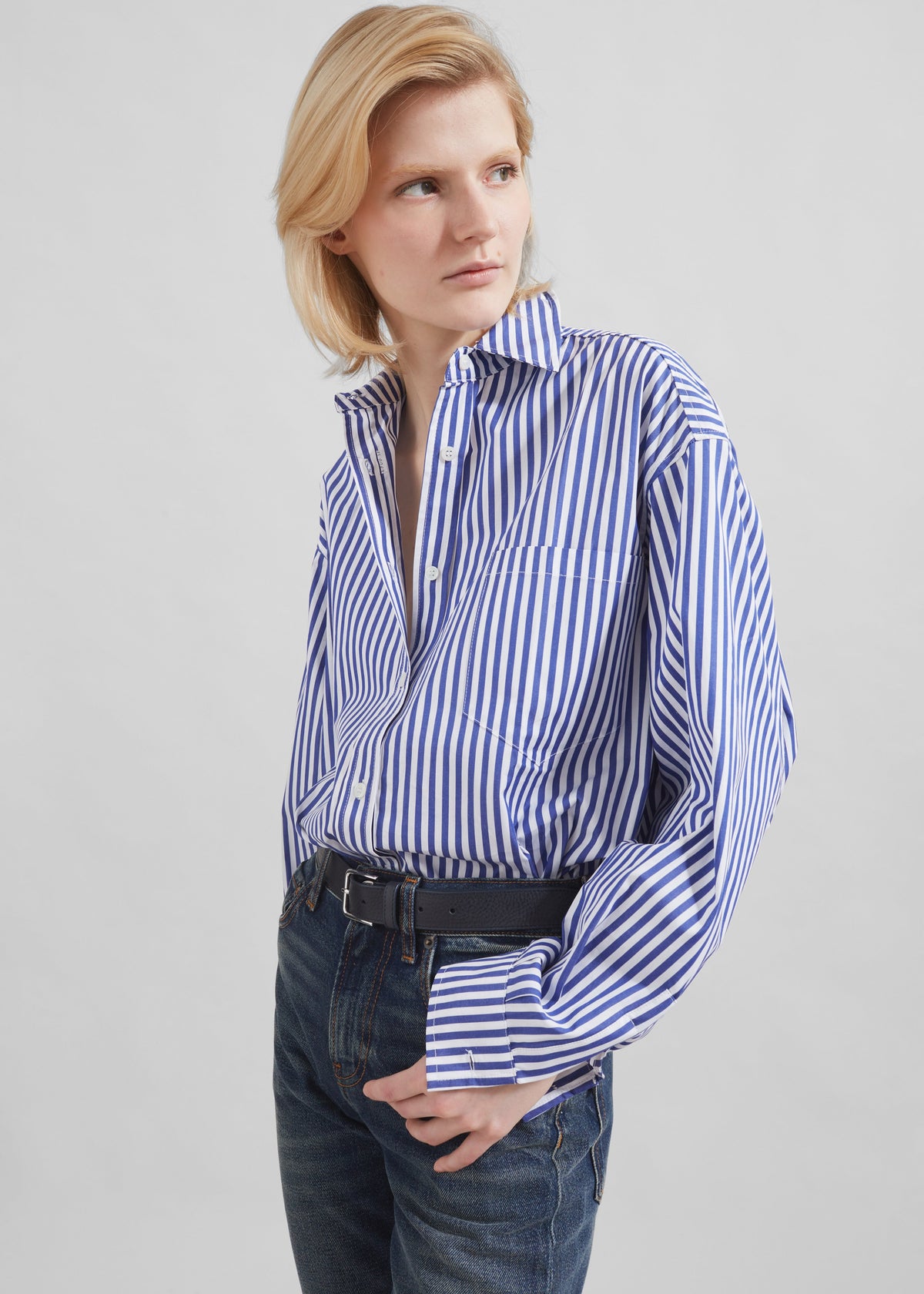 Georgia Boxy Shirt - White/Blue Stripe – view 11 of 13