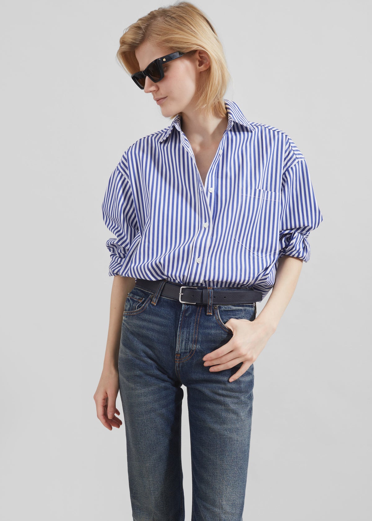 Georgia Boxy Shirt - White/Blue Stripe – view 1 of 13