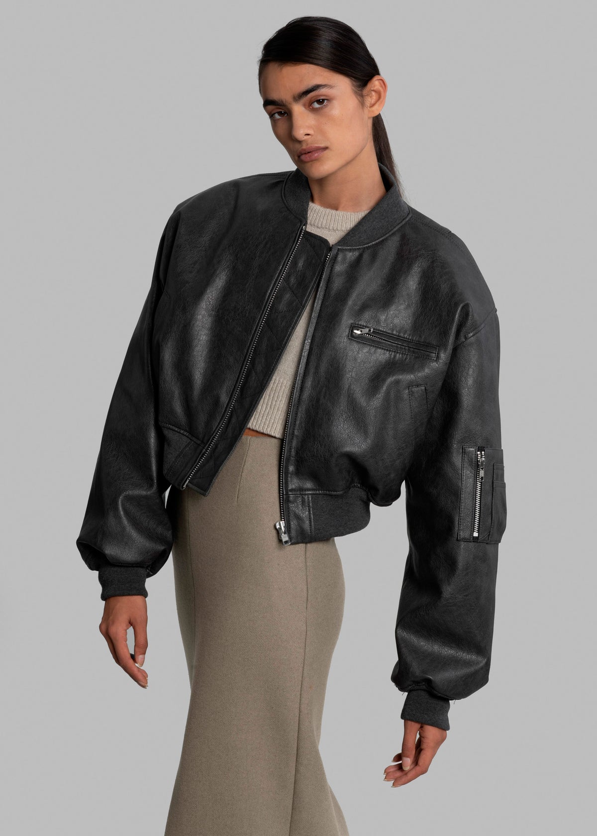 Gae Faux Leather Cropped Bomber - Charcoal – view 3 of 14