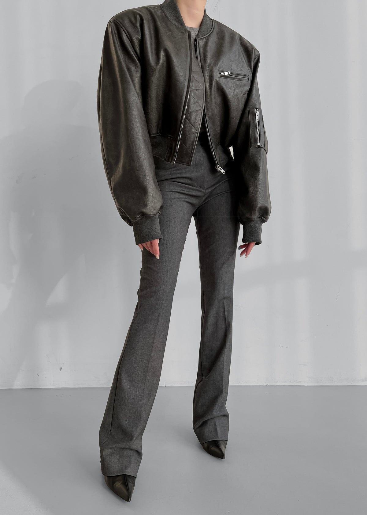 Gae Faux Leather Cropped Bomber - Charcoal – view 1 of 14
