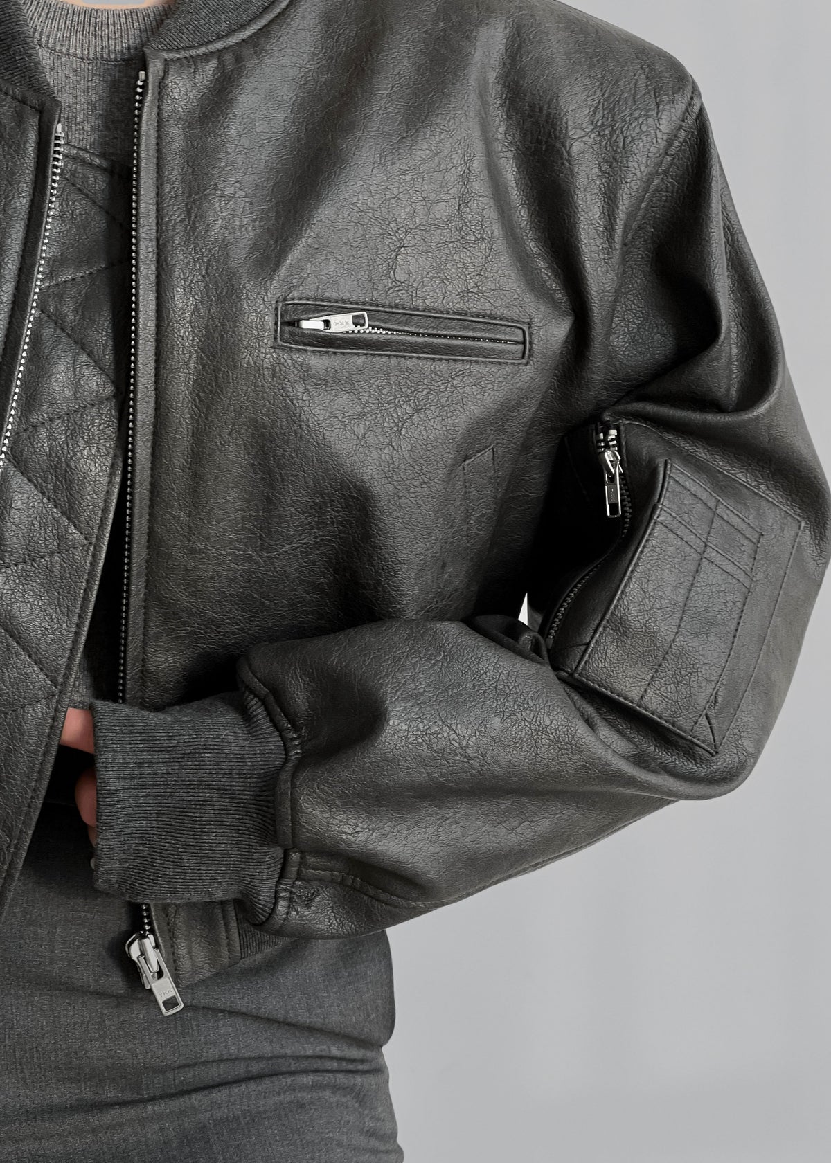 Gae Faux Leather Cropped Bomber - Charcoal – view 5 of 14