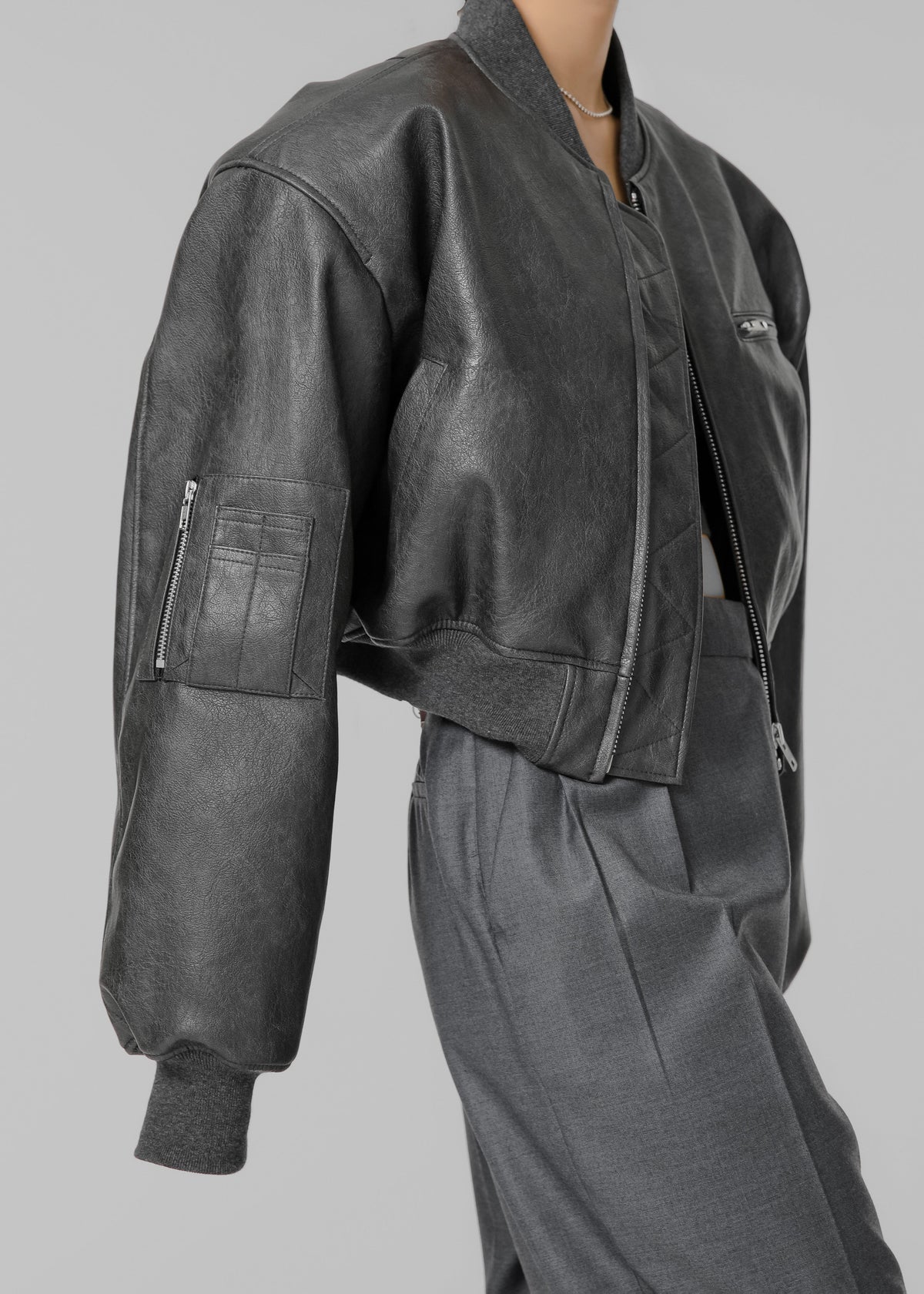Gae Faux Leather Cropped Bomber - Charcoal – view 2 of 14