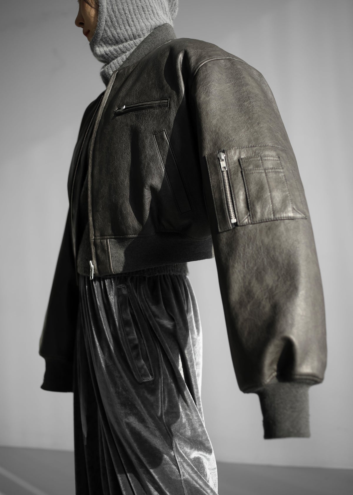 Gae Faux Leather Cropped Bomber - Charcoal – view 9 of 14