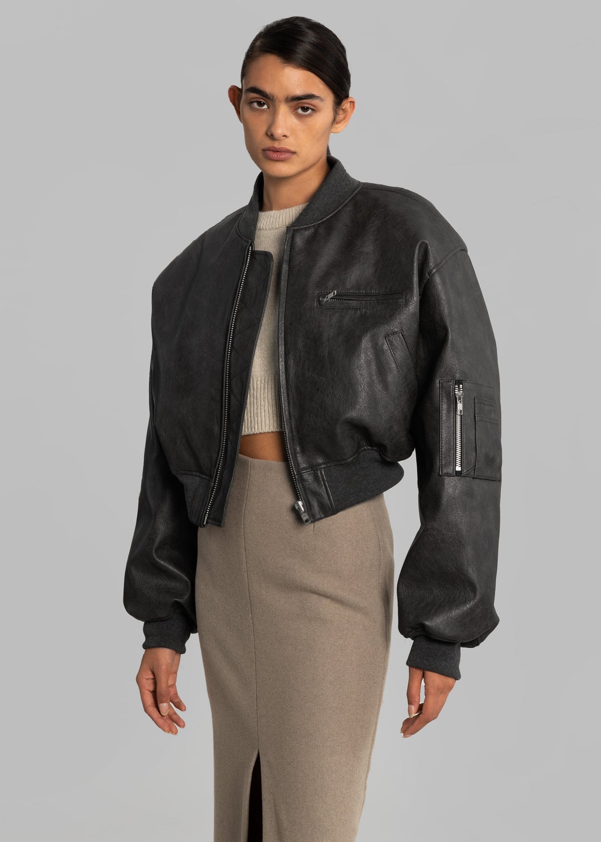 Gae Faux Leather Cropped Bomber - Charcoal – view 11 of 14