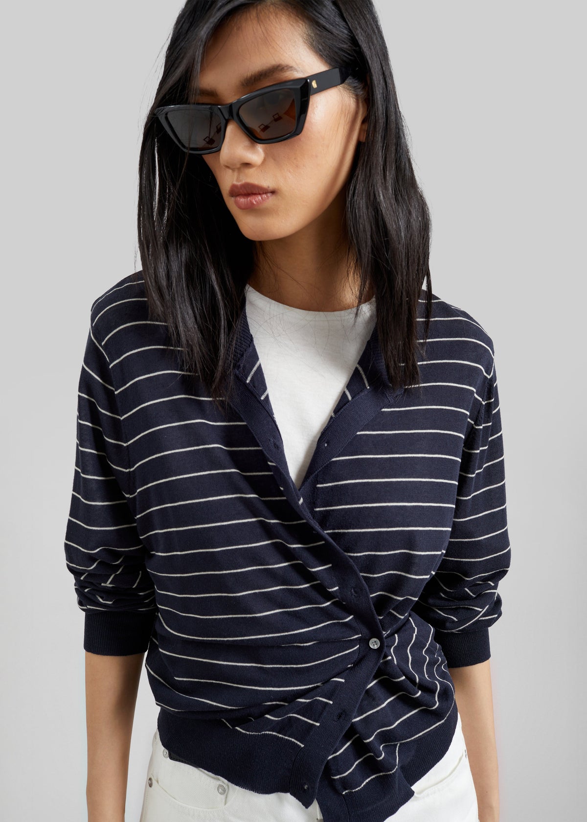 Hossegor Fine Knit Cardigan - Navy/White Stripe – view 3 of 7
