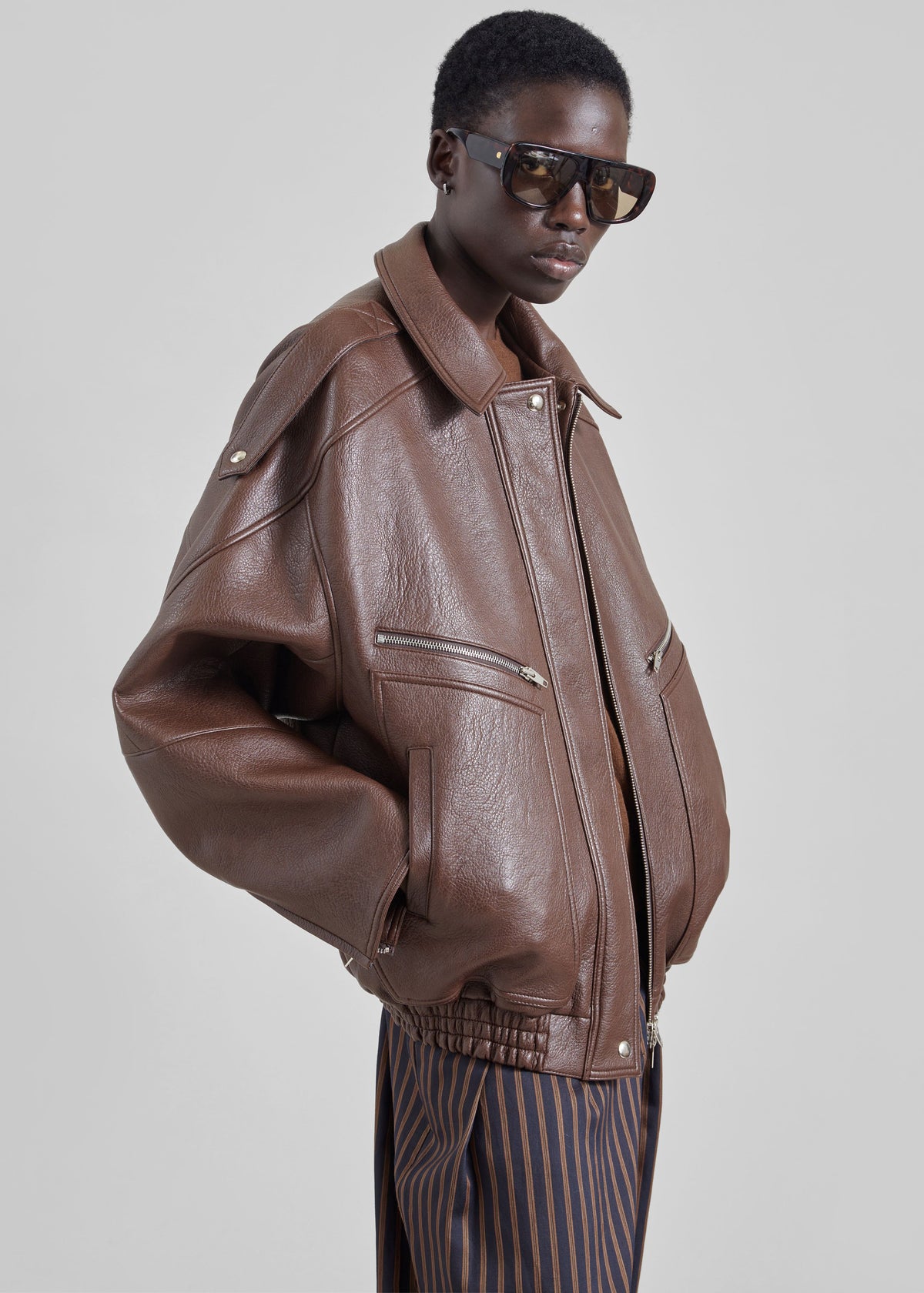 Hudson Faux Leather Bomber Jacket - Brown – view 3 of 7