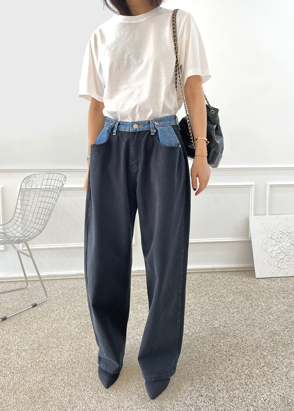 Hayla Contrast Denim Pants - Black – view 1 of 9