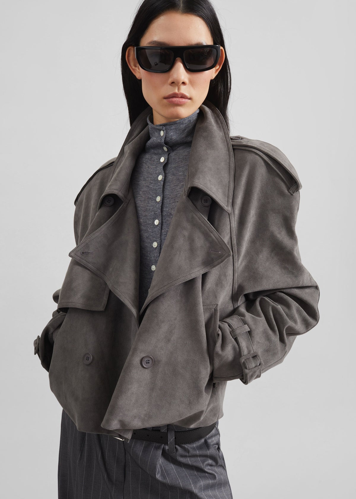 Islington Faux Suede Cropped Trench - Grey – view 1 of 1