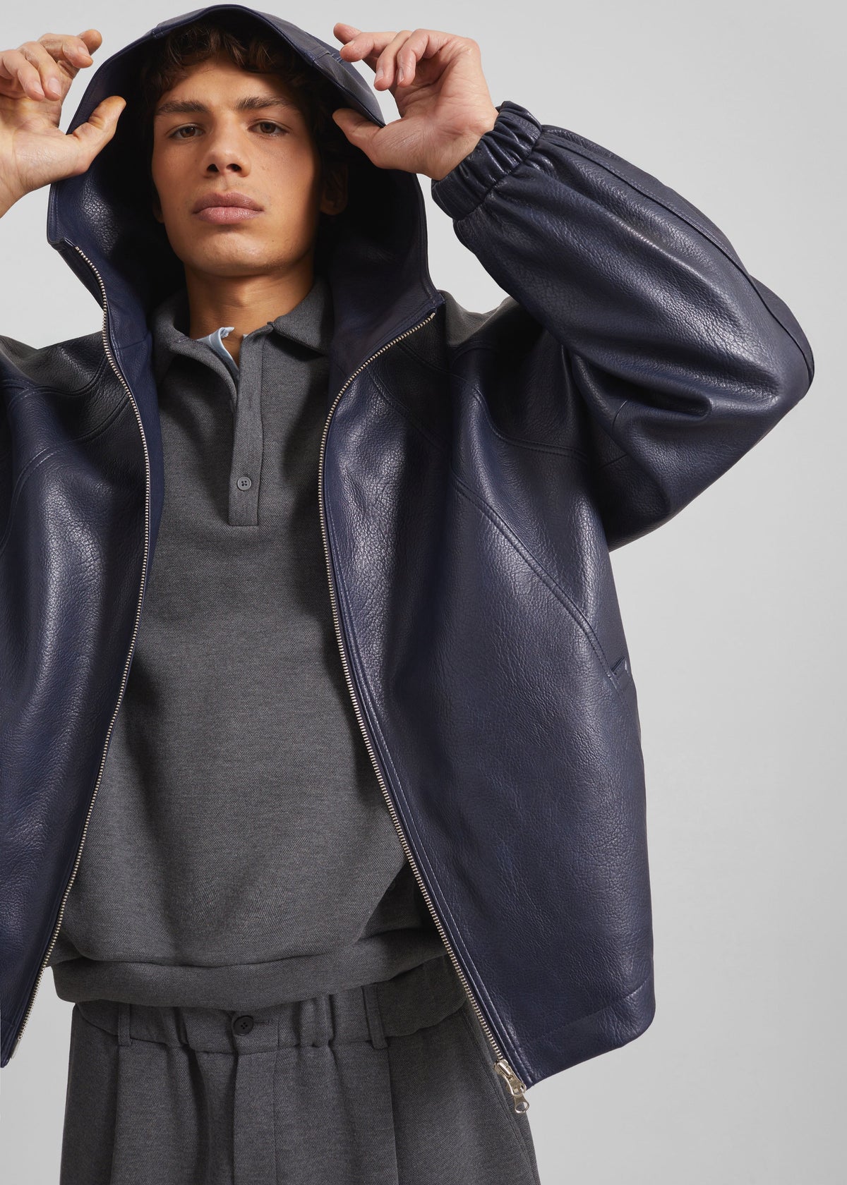 Iver Faux Leather Hooded Jacket - Navy – view 2 of 10