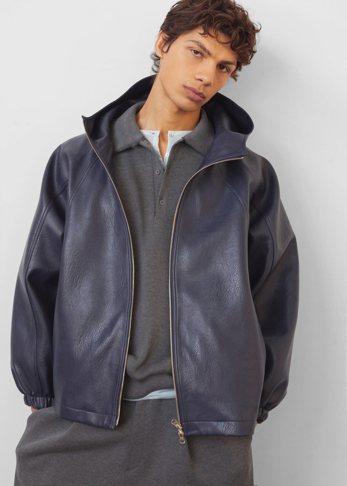 Iver Faux Leather Hooded Jacket - Navy – view 3 of 10