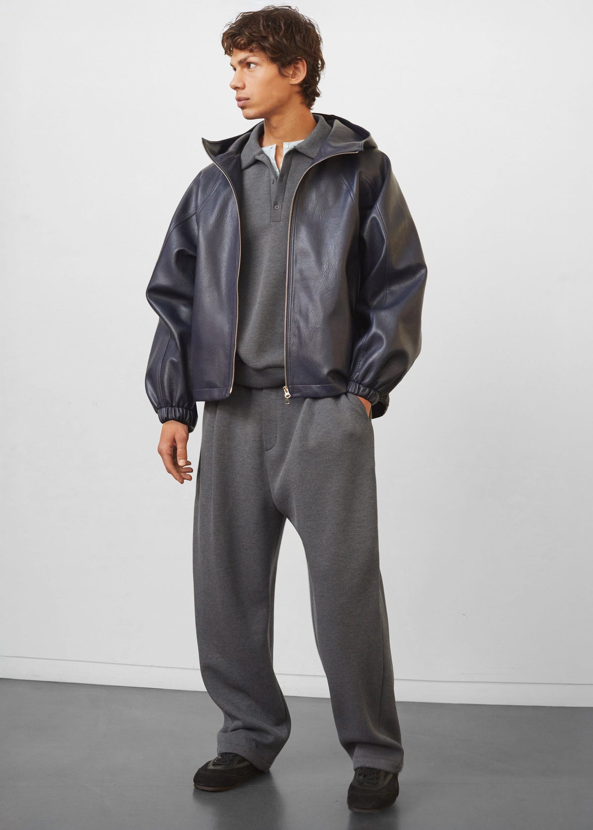 Iver Faux Leather Hooded Jacket - Navy – view 1 of 10