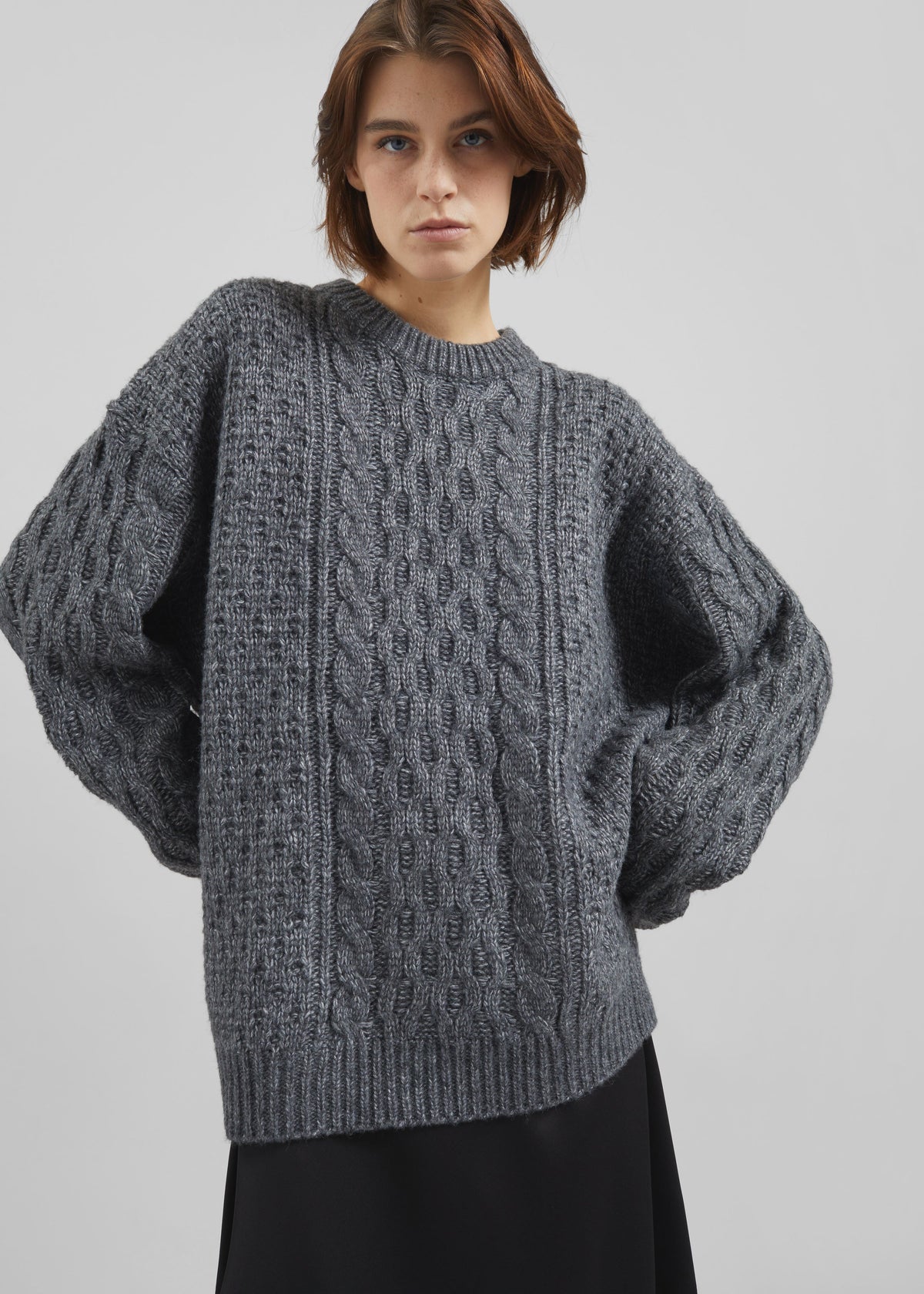Janesen Oversized Cable Knit Sweater - Grey Melange – view 2 of 8