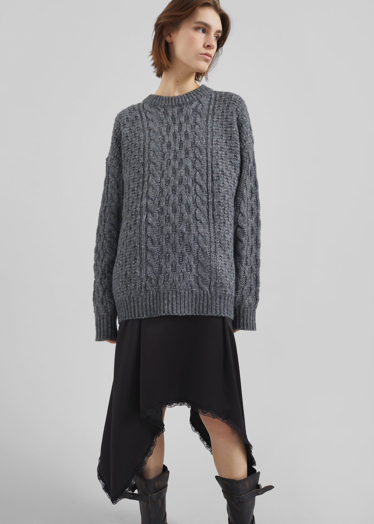Janesen Oversized Cable Knit Sweater - Grey Melange – view 1 of 8