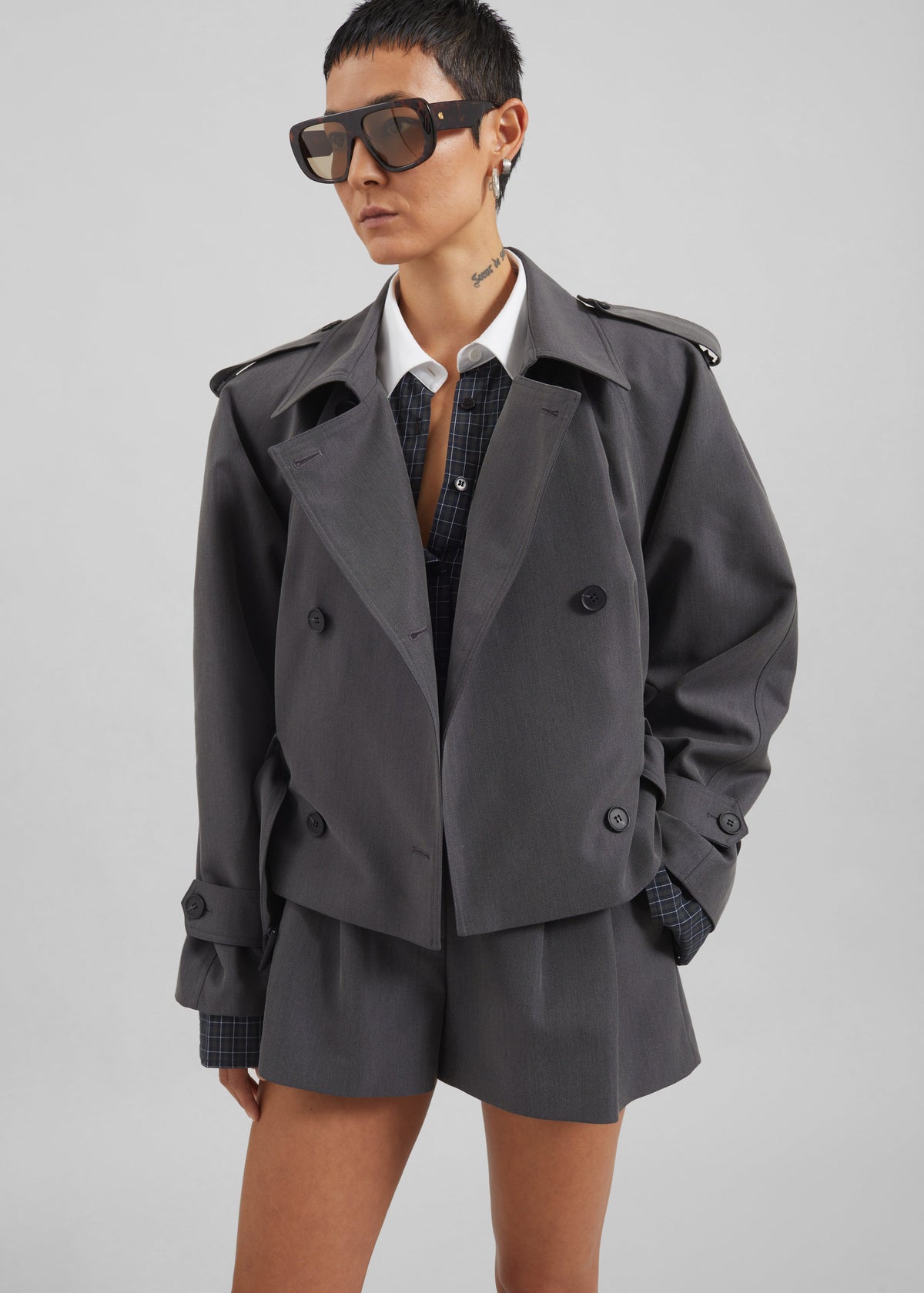 Kinsley Cropped Trench Jacket - Grey – view 1 of 9