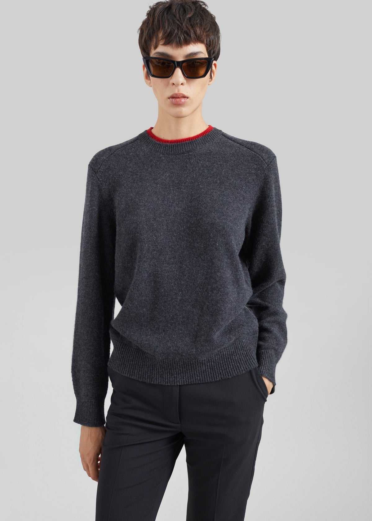 Loulou de Saison Otis Contrast Collar Sweater - Charcoal/Red – view 2 of 7