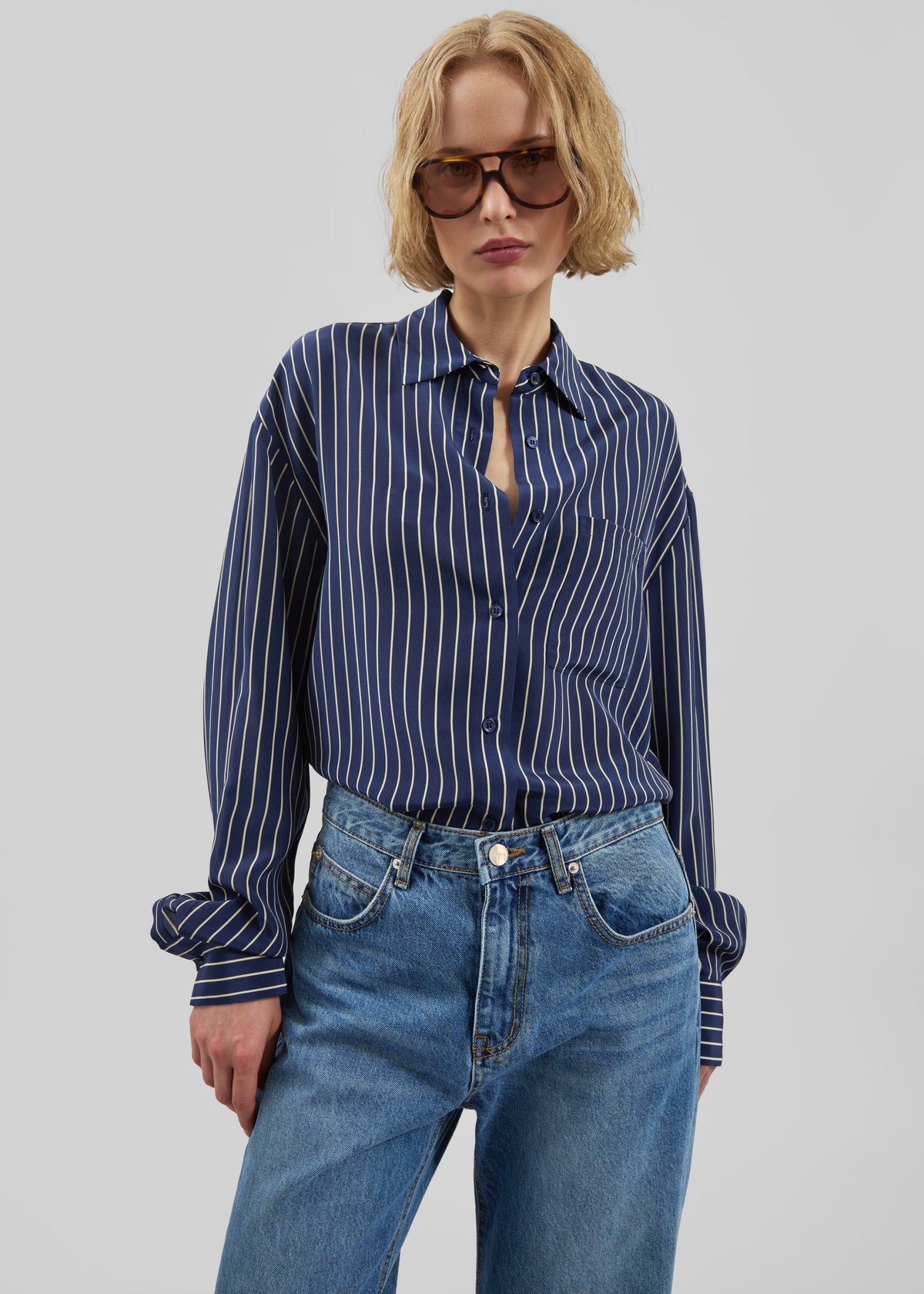 Lui Striped Shirt - Navy/Beige Pinstripe – view 1 of 12