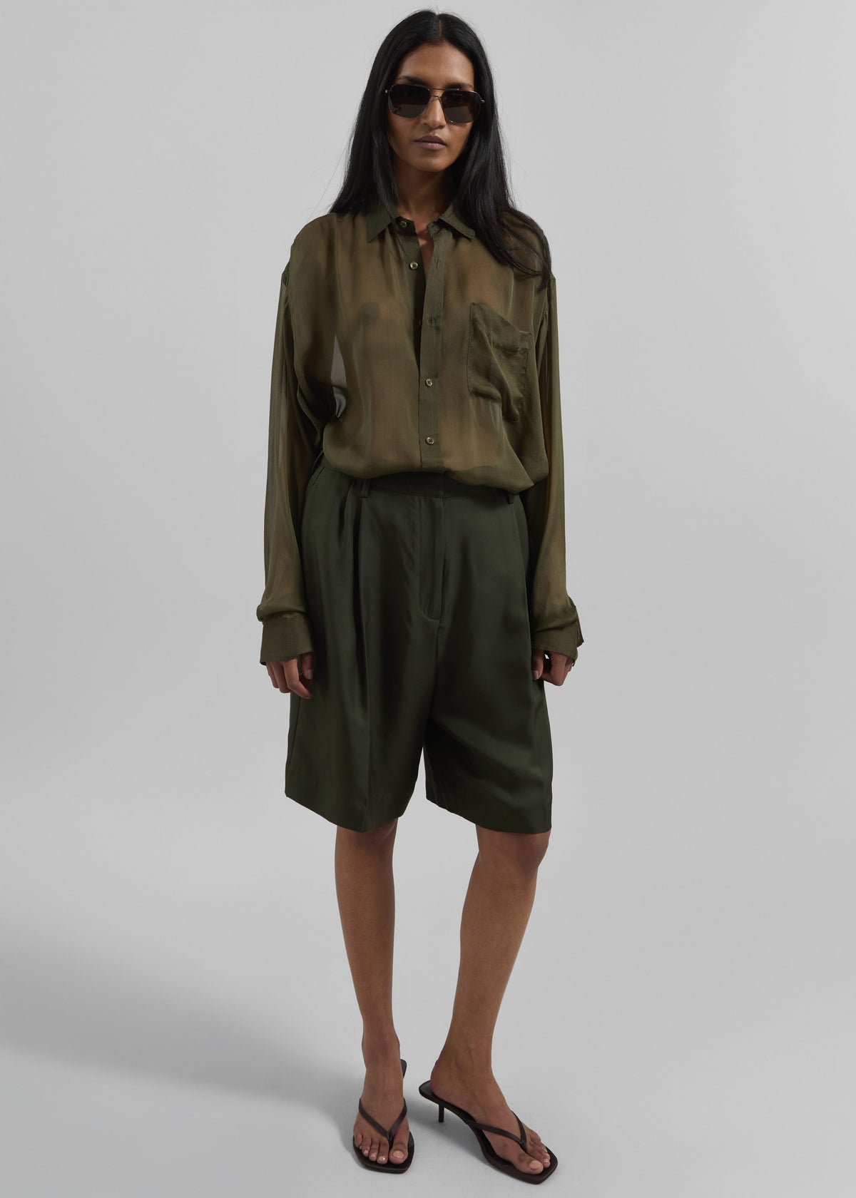 Marfa Pleated Silk Bermuda Shorts - Khaki – view 4 of 6