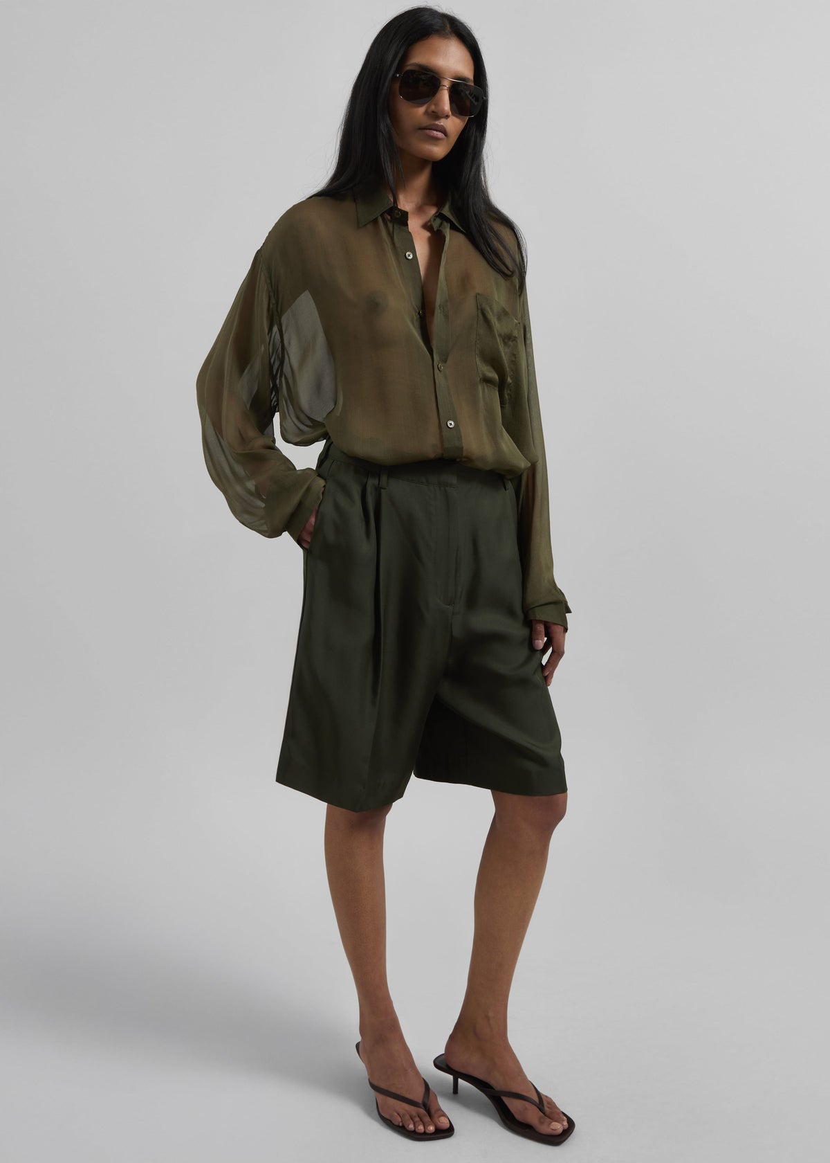 Marfa Pleated Silk Bermuda Shorts - Khaki – view 1 of 6