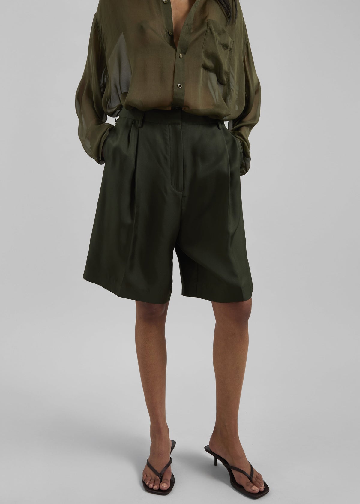 Marfa Pleated Silk Bermuda Shorts - Khaki – view 2 of 6