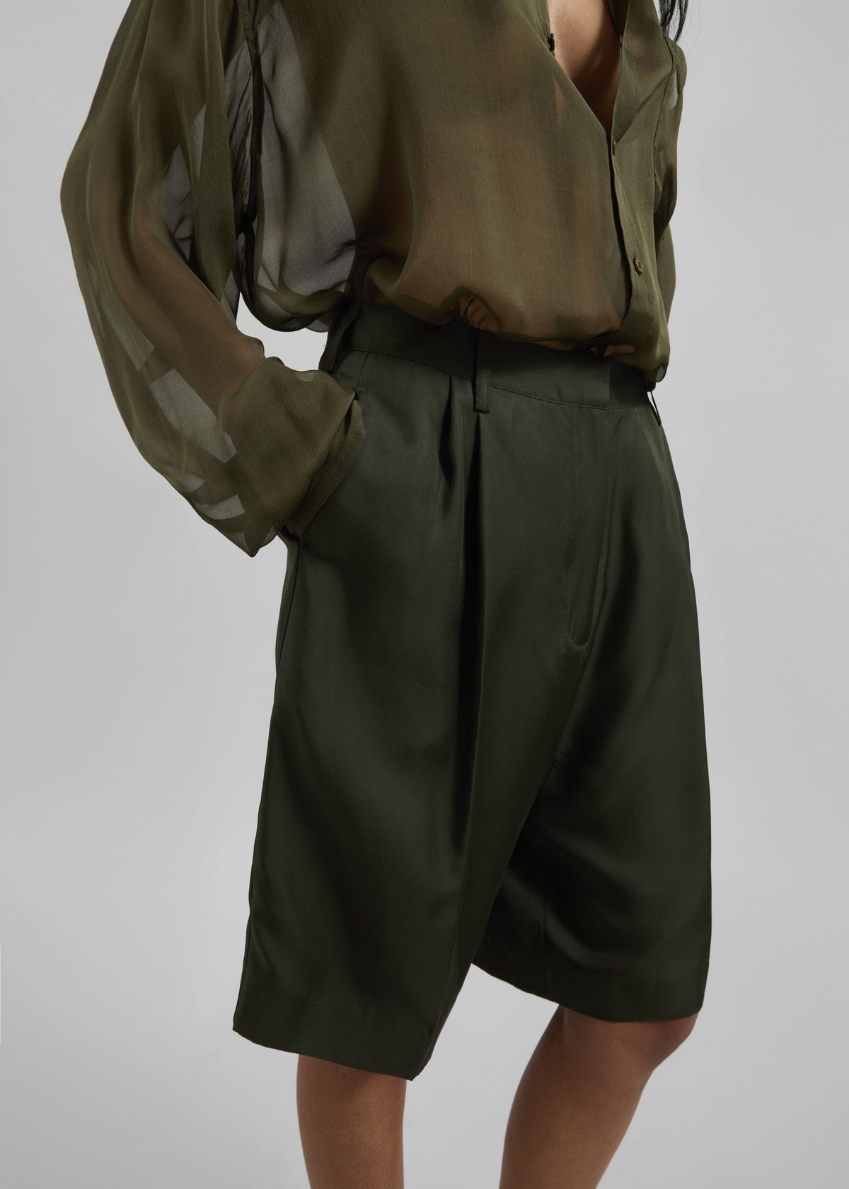 Marfa Pleated Silk Bermuda Shorts - Khaki – view 3 of 6