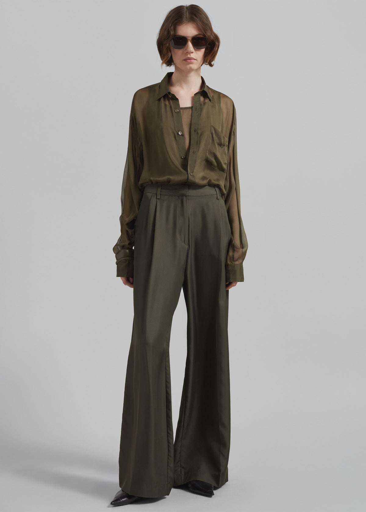 Marfa Pleated Silk Trousers - Khaki – view 1 of 8