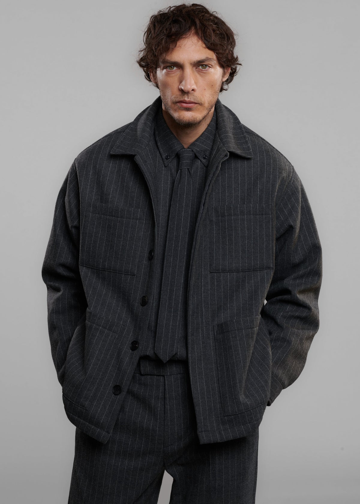 Mason Boxy Wool Jacket - Dark Grey/White Pinstripe – view 1 of 11