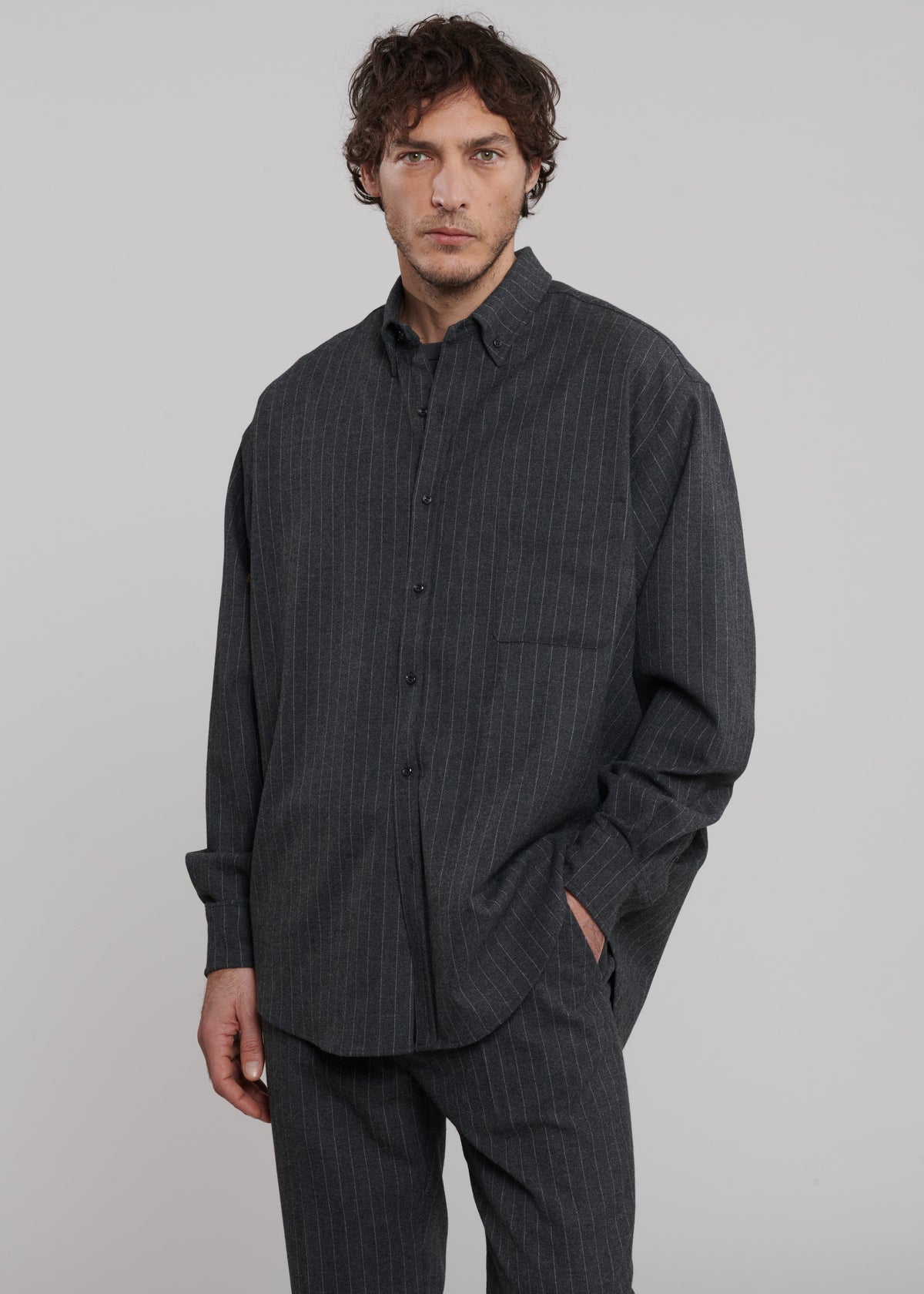 Mason Wool Button Up Shirt - Dark Grey/White Pinstripe – view 1 of 8