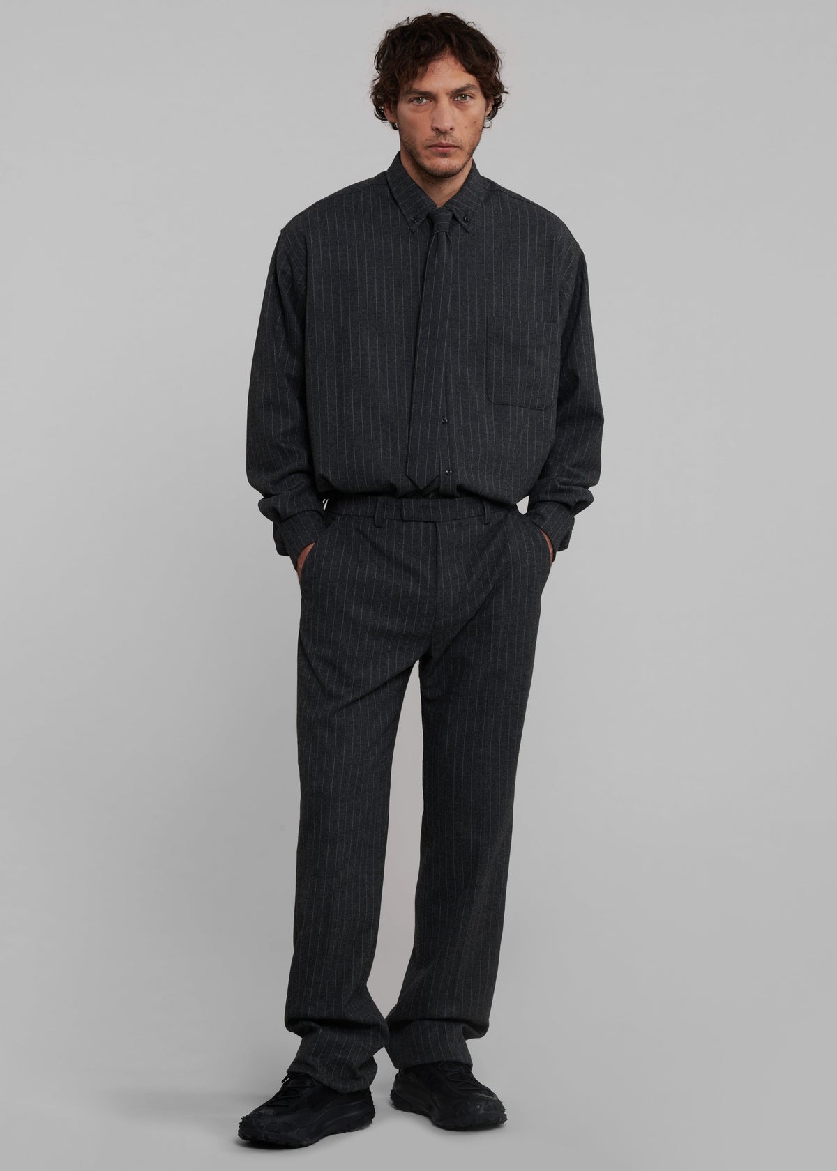 Mason Wool Button Up Shirt - Dark Grey/White Pinstripe – view 6 of 8