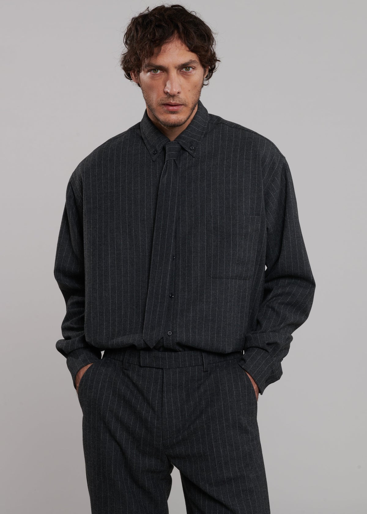 Mason Wool Button Up Shirt - Dark Grey/White Pinstripe – view 2 of 8