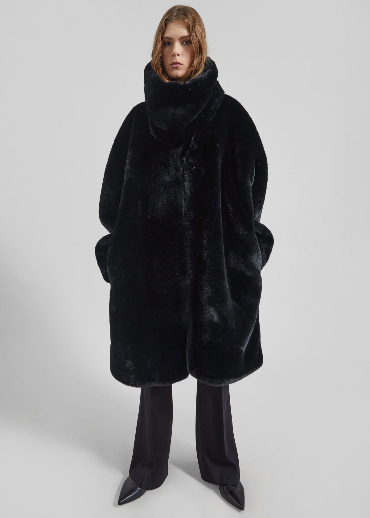 Matera Collarless Faux Fur Coat - Black – view 7 of 9
