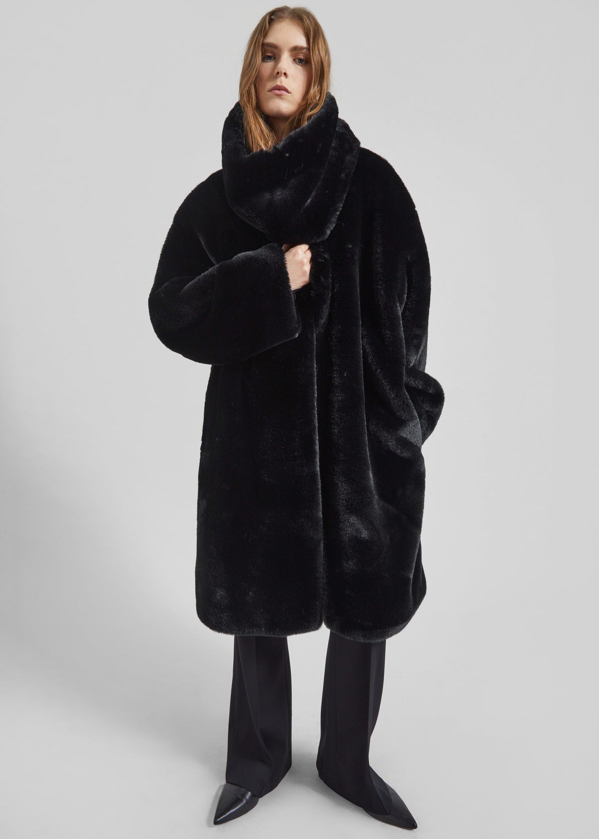Matera Collarless Faux Fur Coat - Black – view 1 of 9