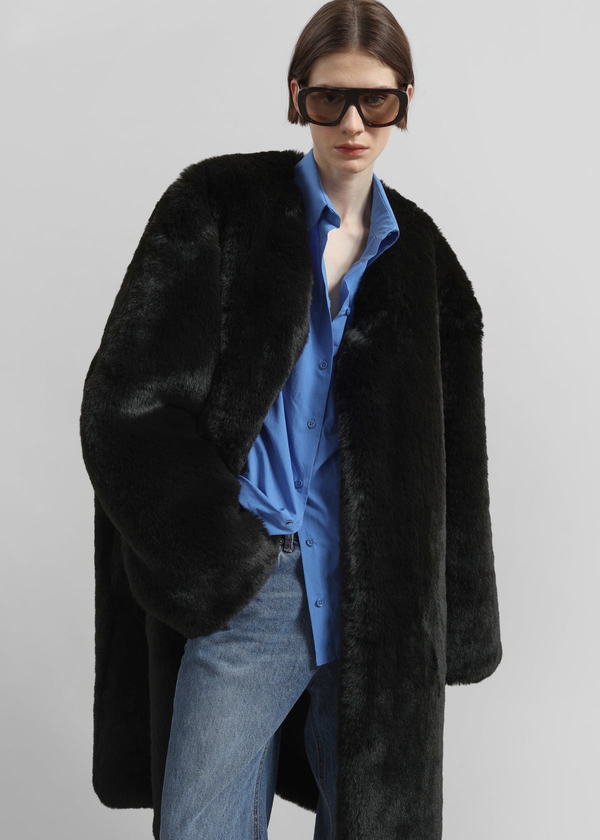 Matera Collarless Faux Fur Coat - Black – view 2 of 9
