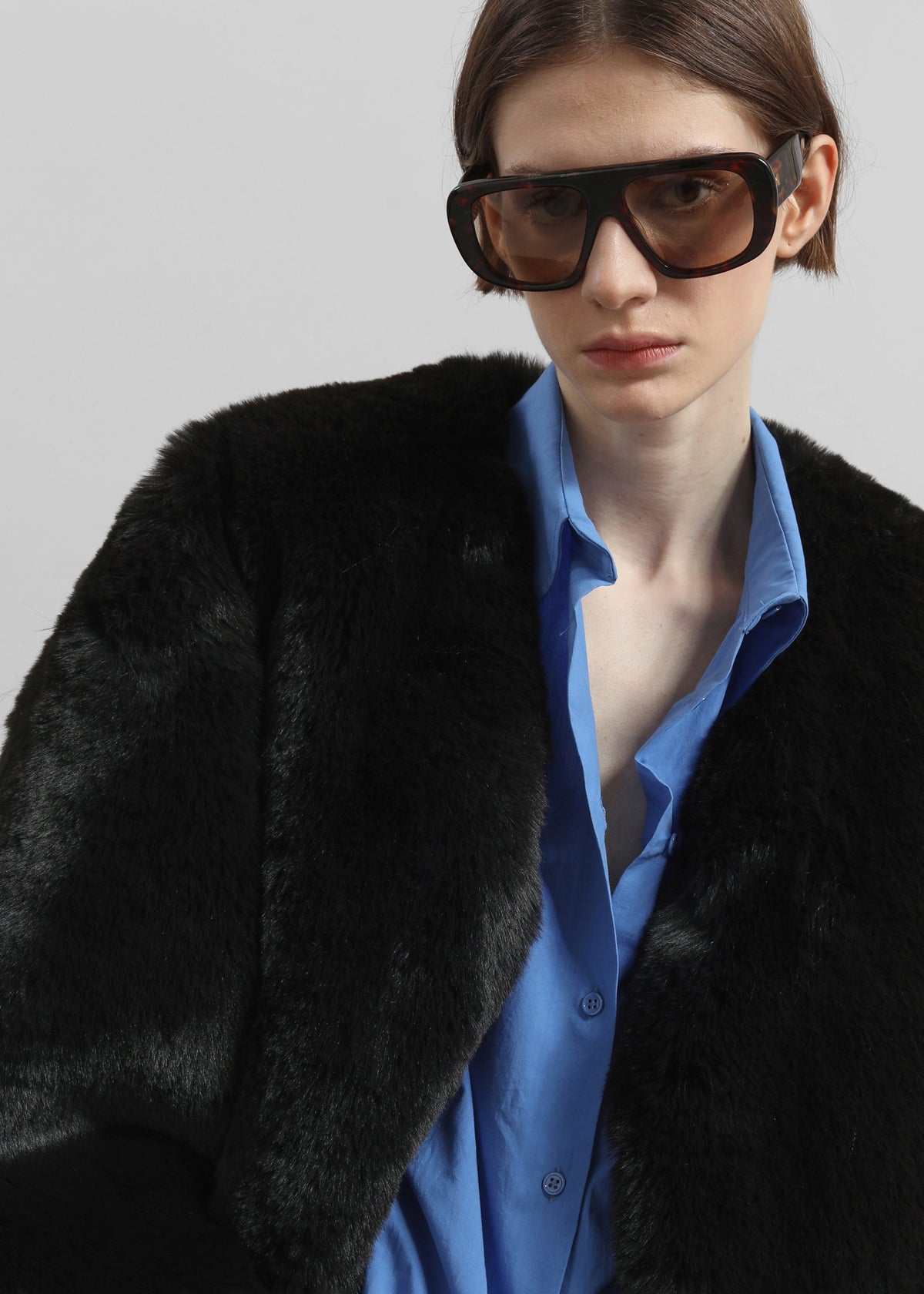 Matera Collarless Faux Fur Coat - Black – view 3 of 9