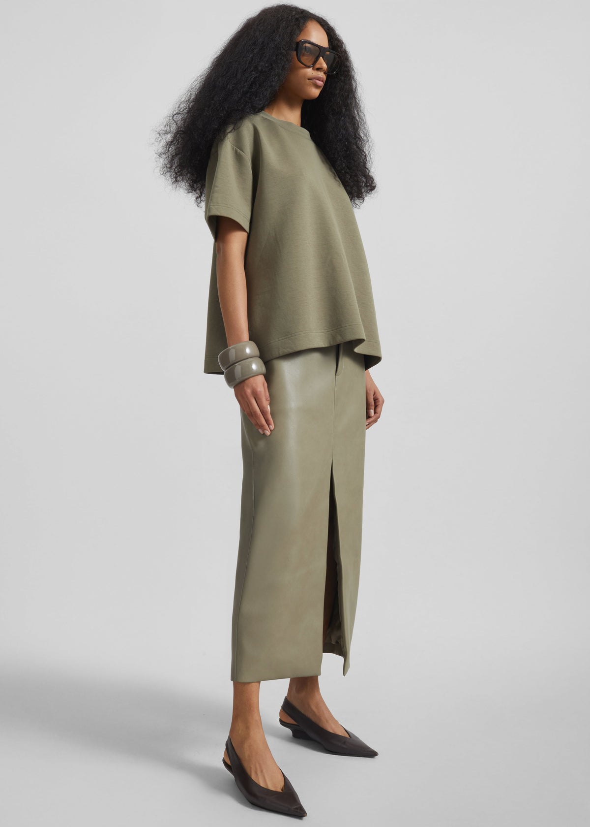 Maybelle Faux Leather Front Slit Pencil Skirt - Sage – view 3 of 7