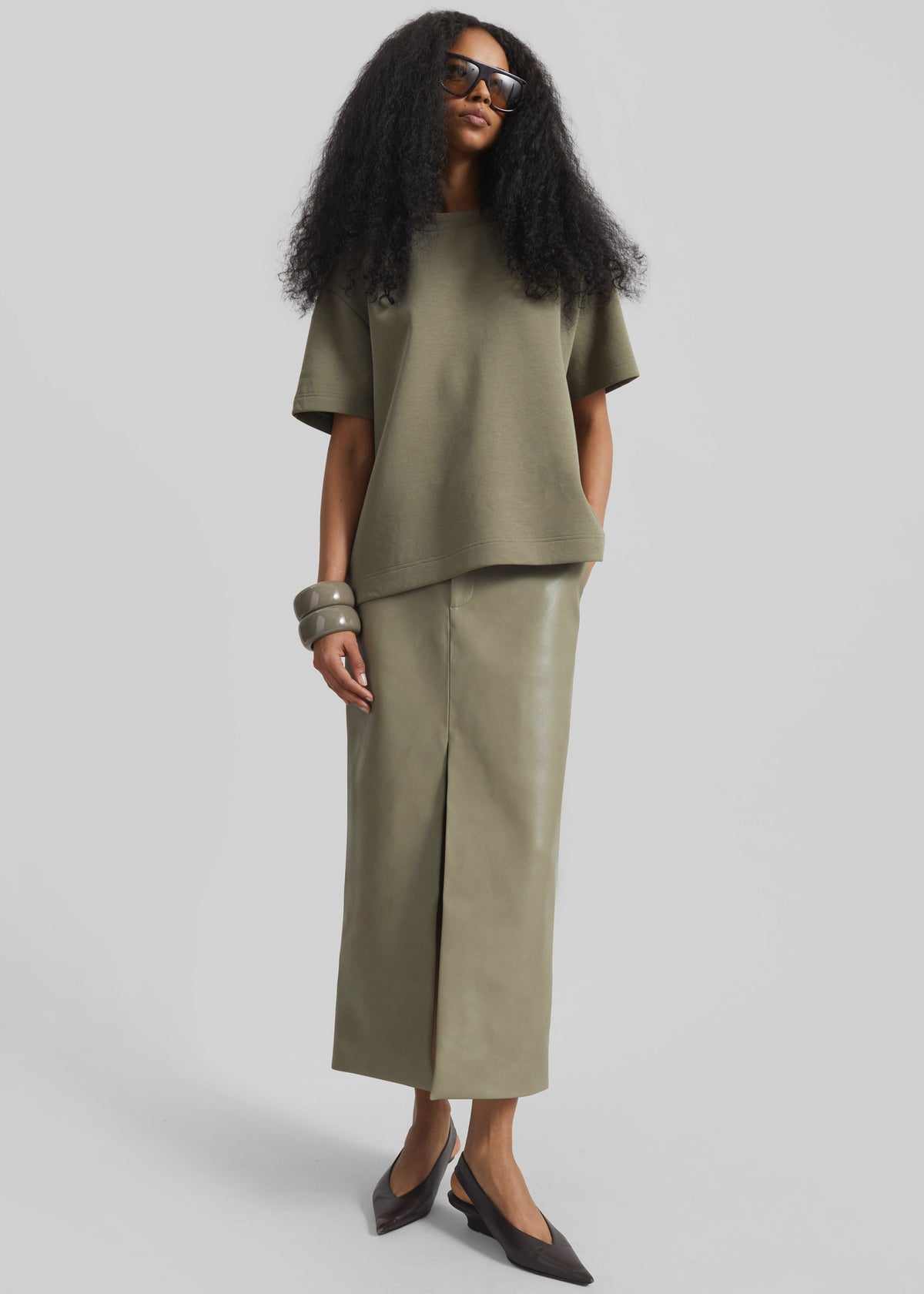Maybelle Faux Leather Front Slit Pencil Skirt - Sage – view 4 of 7