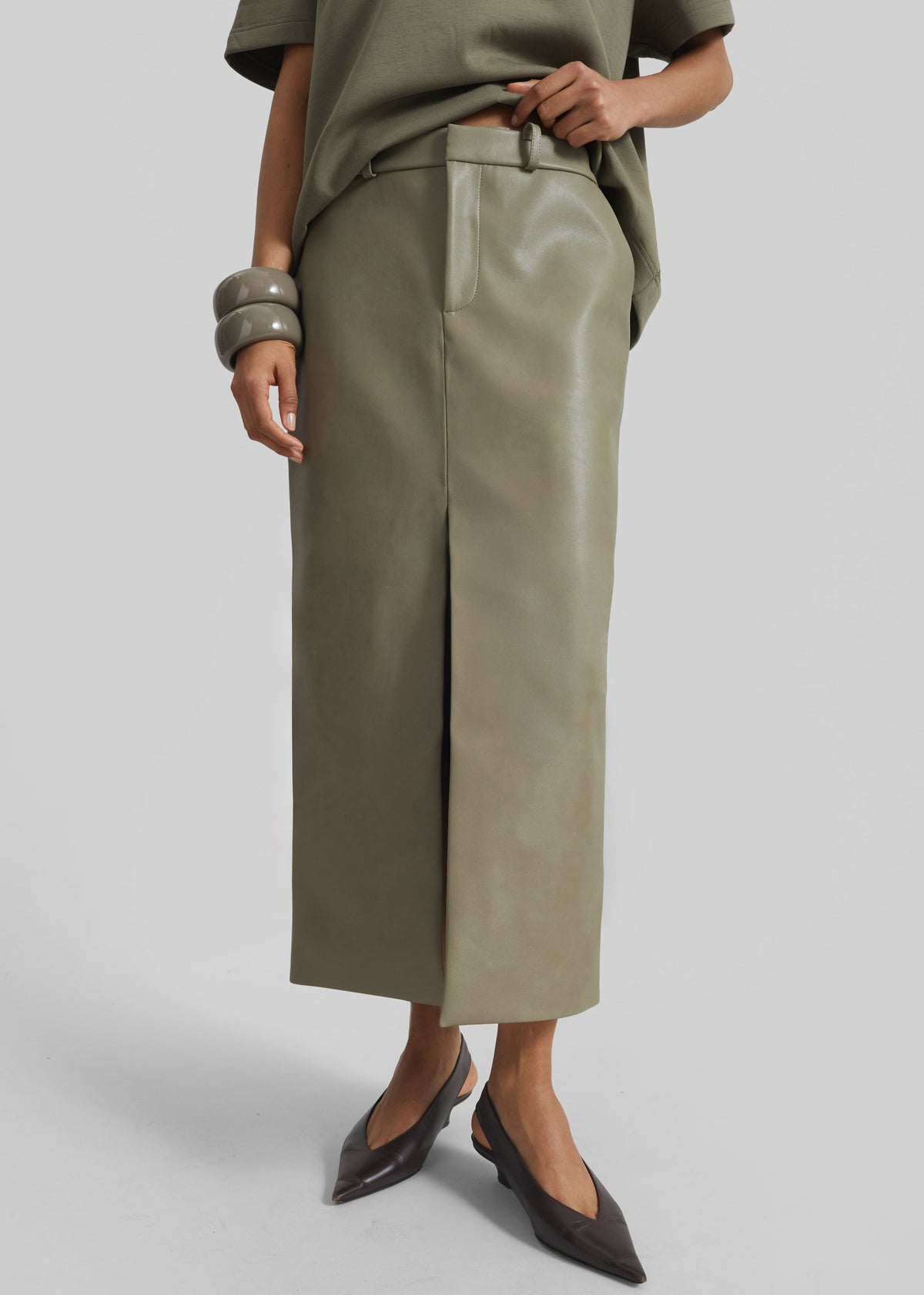 Maybelle Faux Leather Front Slit Pencil Skirt - Sage – view 2 of 7
