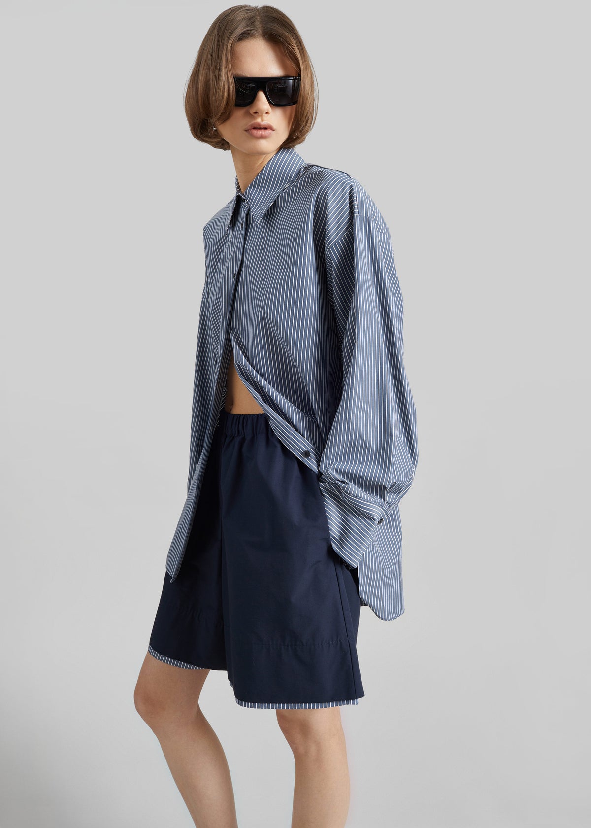 Menton Layered Hem Shorts - Navy/White Stripe – view 1 of 8