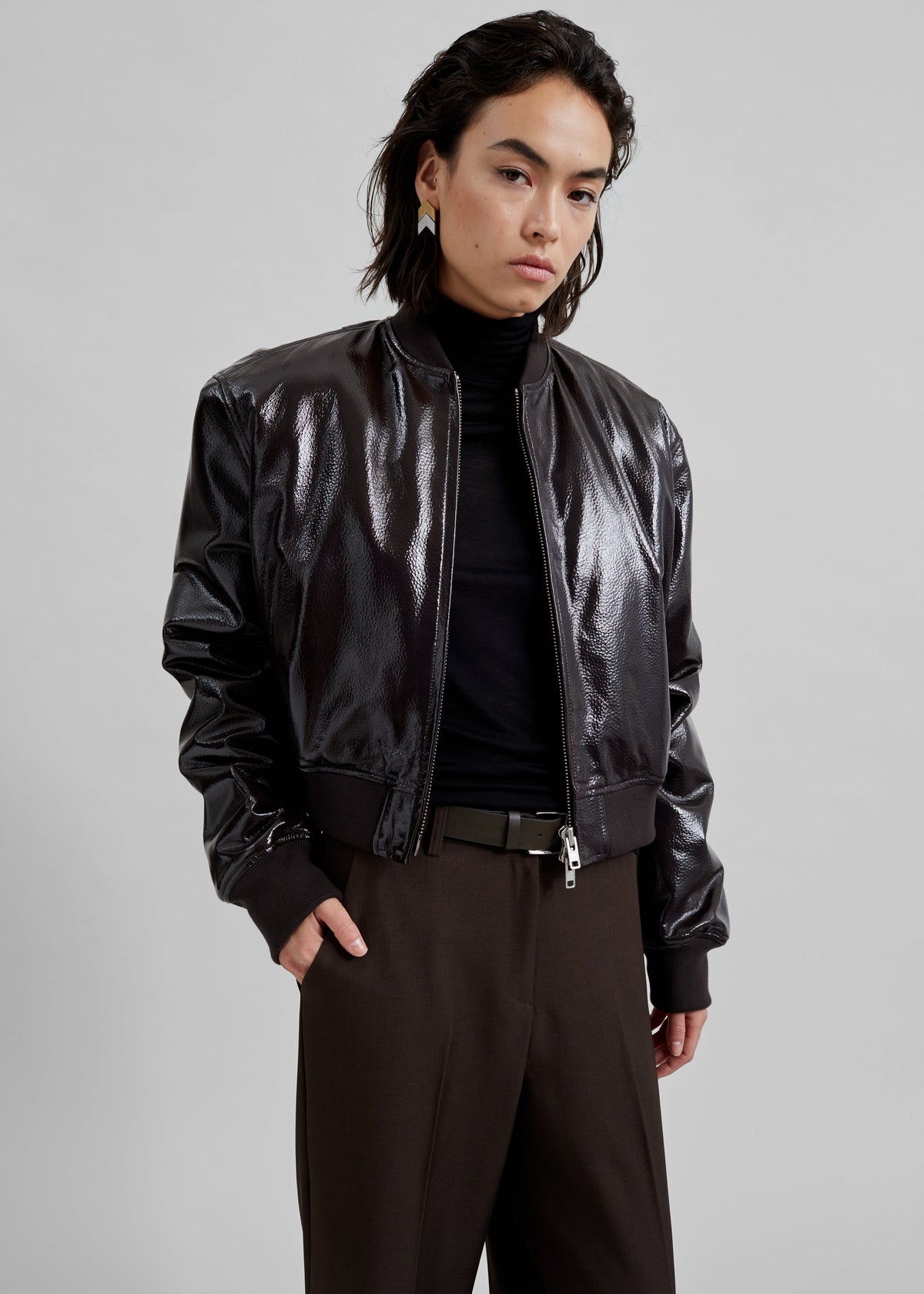 Micky Crackled Faux Leather Cropped Bomber - Dark Brown – view 5 of 7