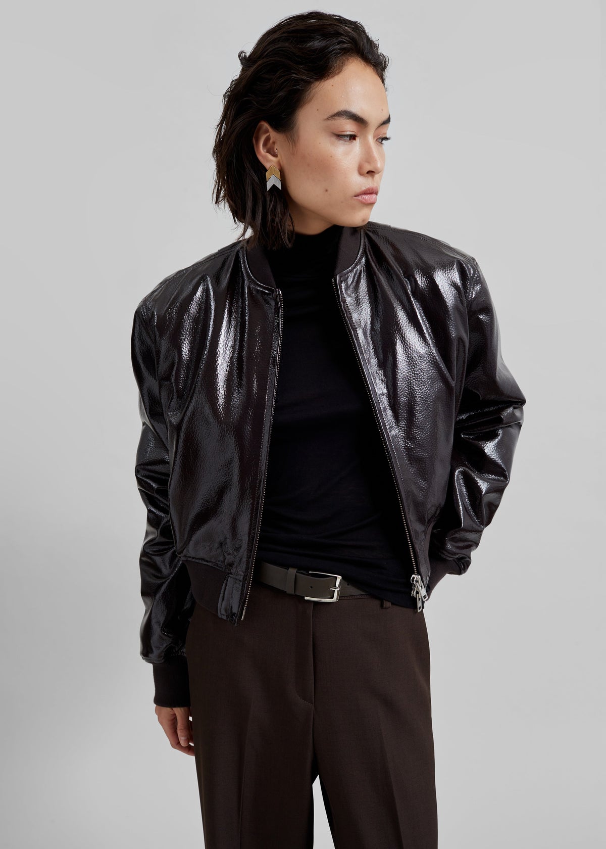 Micky Crackled Faux Leather Cropped Bomber - Dark Brown – view 1 of 7