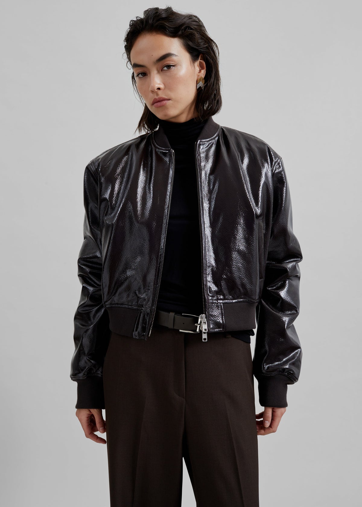Micky Crackled Faux Leather Cropped Bomber - Dark Brown – view 3 of 7