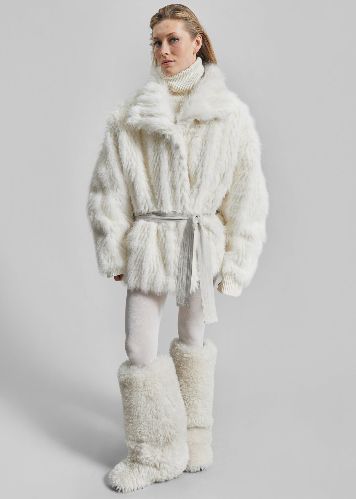 Mortisa Faux Fur Belted Short Coat - Off White – view 5 of 11
