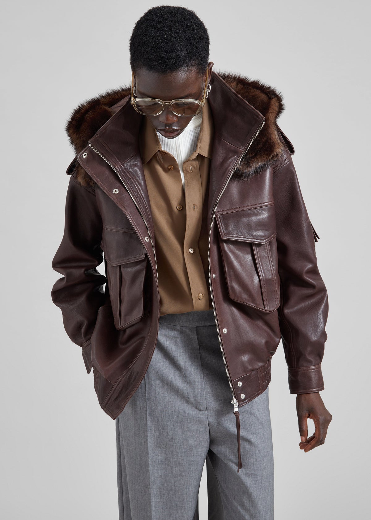 Napa Leather Hooded Jacket - Brown – view 2 of 9