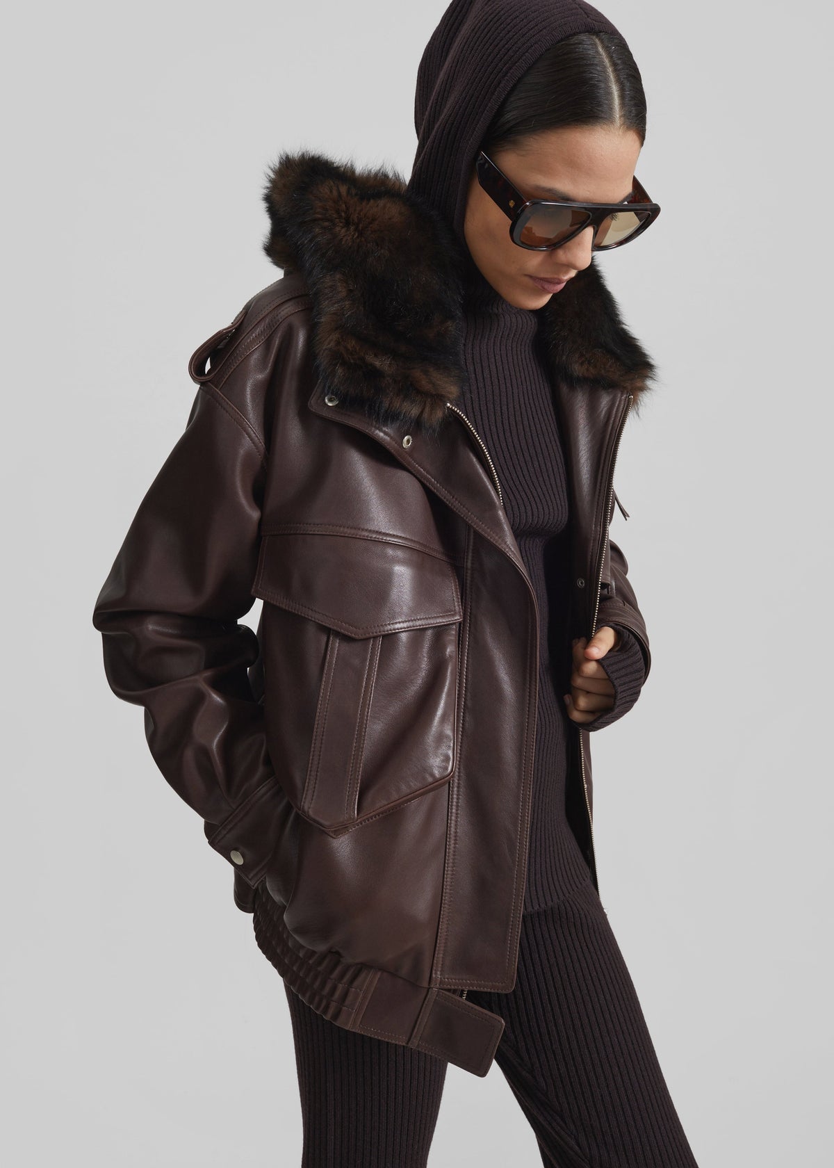 Napa Leather Hooded Jacket - Brown – view 1 of 9