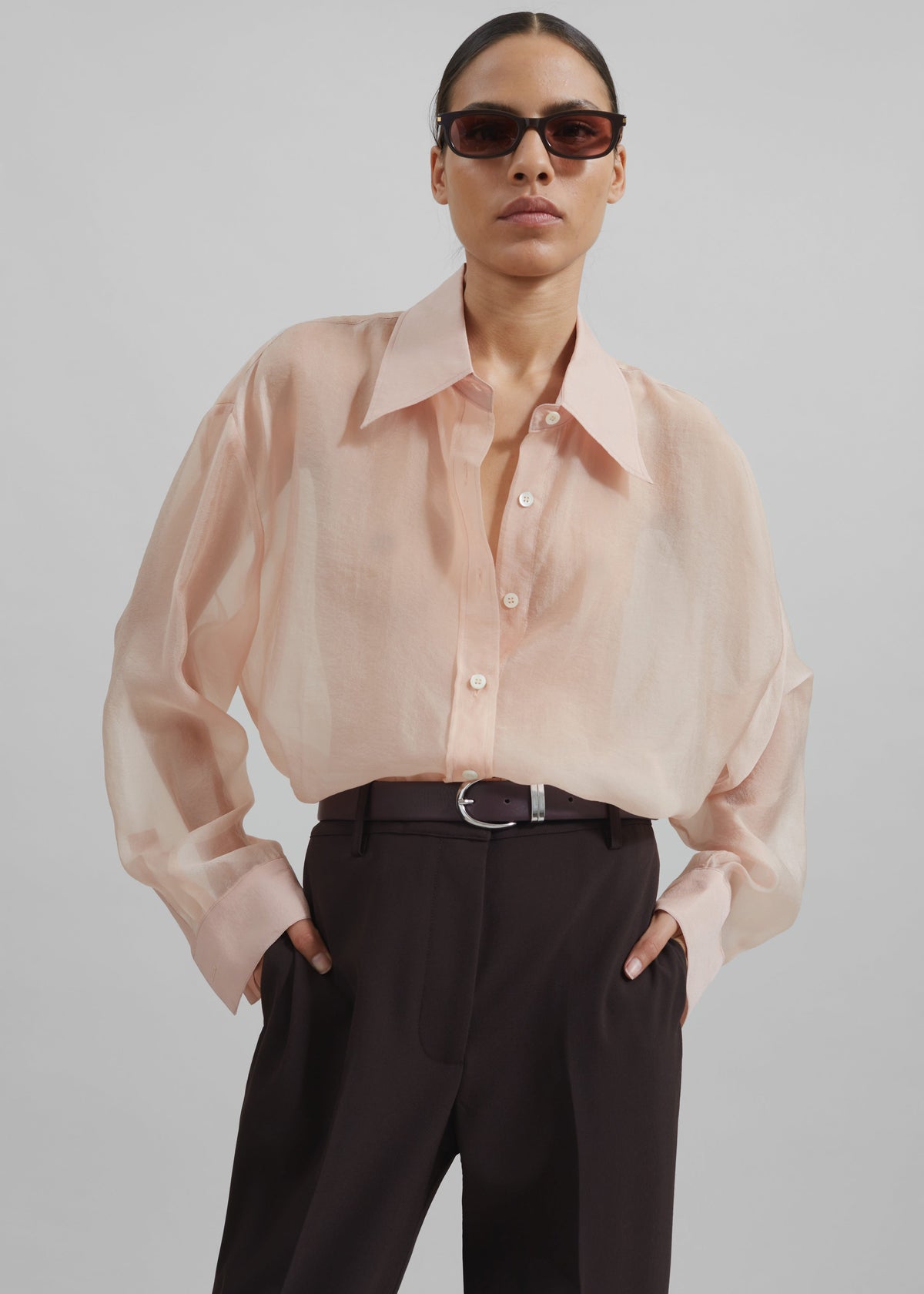 Nel Sheer Button Up Shirt - Pink – view 2 of 9