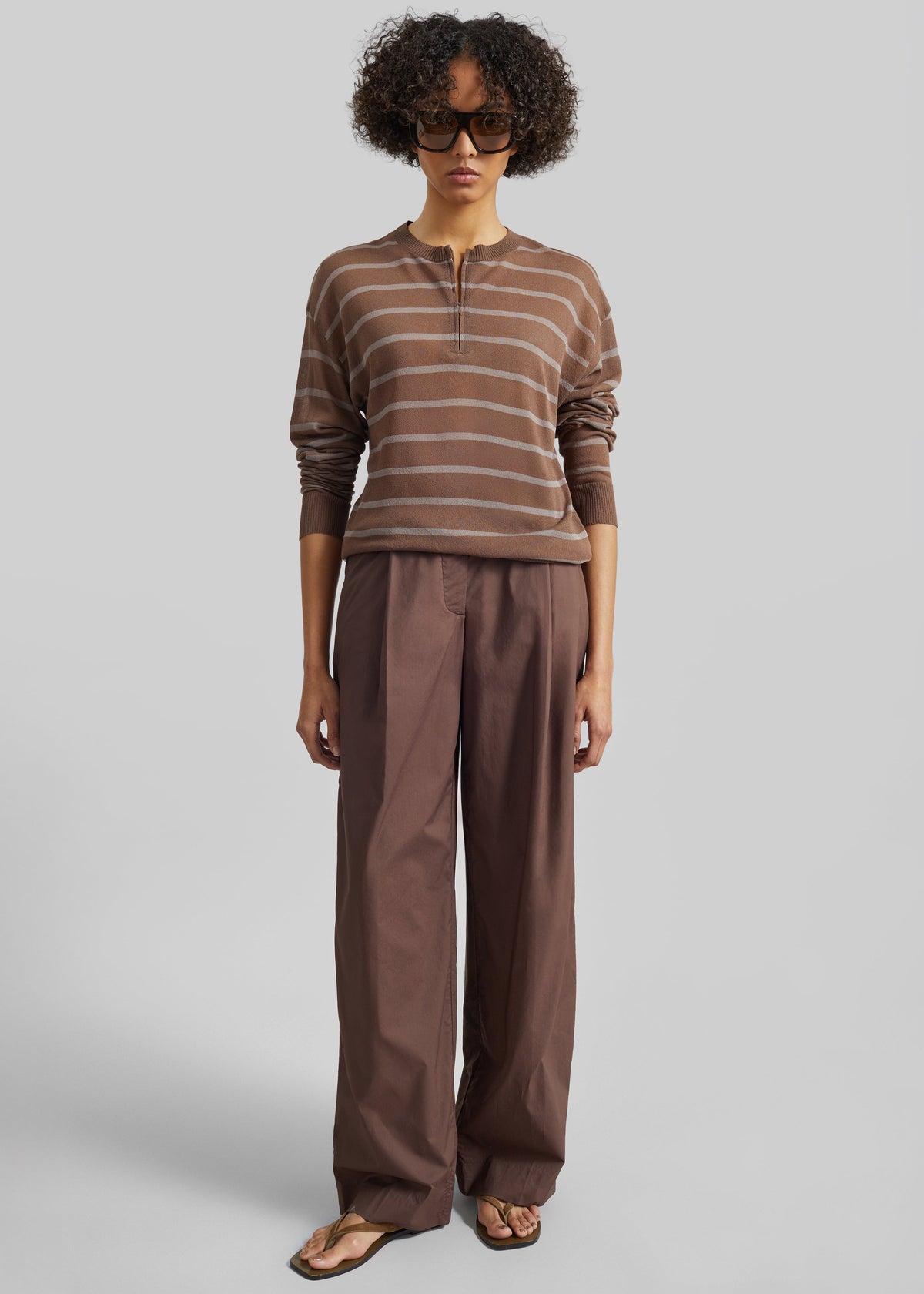 Nelas Knit Sheer Zip Pullover - Brown Stripe – view 3 of 5