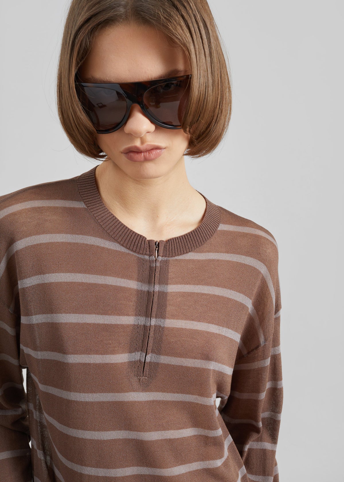 Nelas Knit Sheer Zip Pullover - Brown Stripe – view 1 of 5