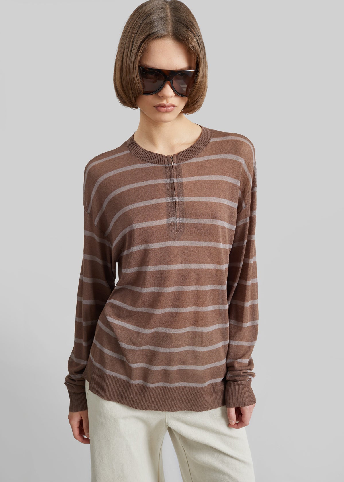 Nelas Knit Sheer Zip Pullover - Brown Stripe – view 2 of 5