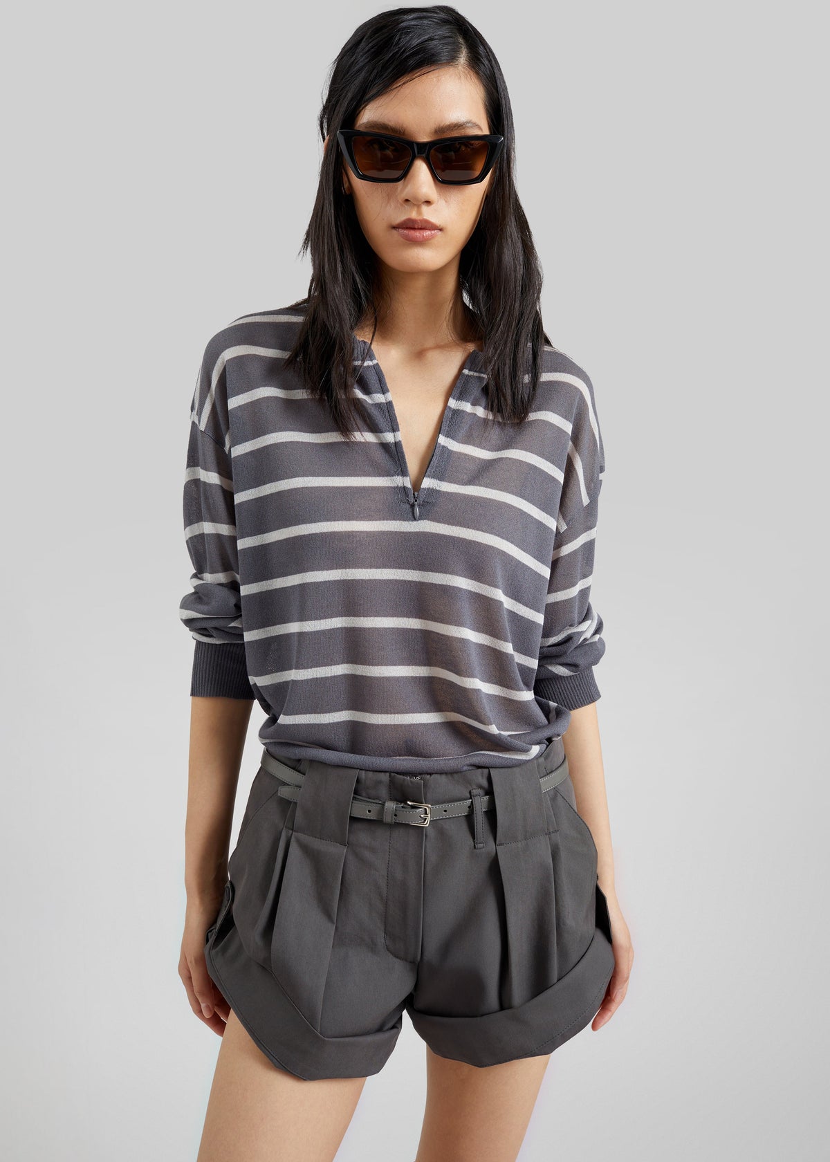 Nelas Knit Sheer Zip Pullover - Grey Stripe – view 1 of 9