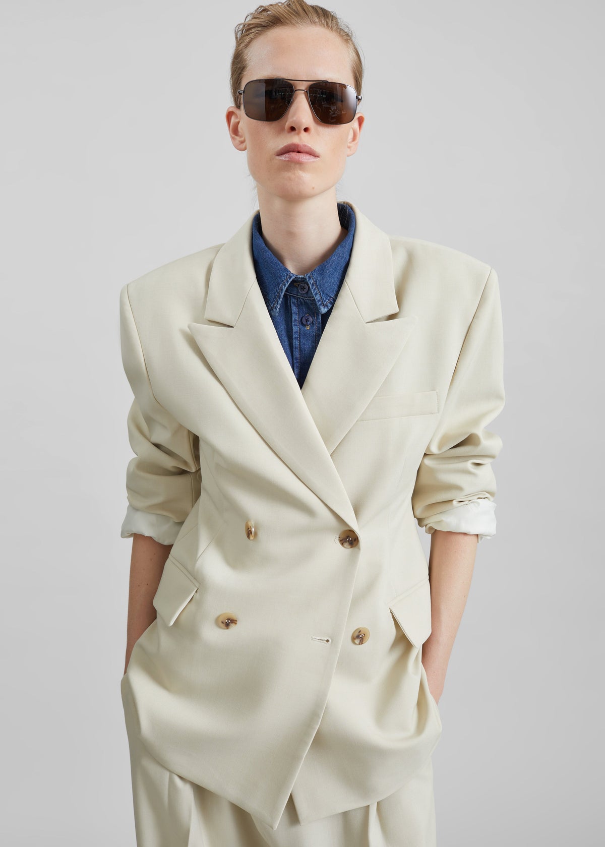 Neria Double Breasted Blazer - Light Beige – view 1 of 8